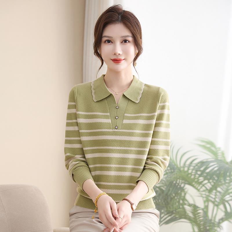 

2026 Spring Knit Top for Moms: Lightweight Striped Sweater for Middle-Aged & Elderly Women, Perfect as a Spring & Autumn Layer XL (suggested 120-130 jin) зелёный