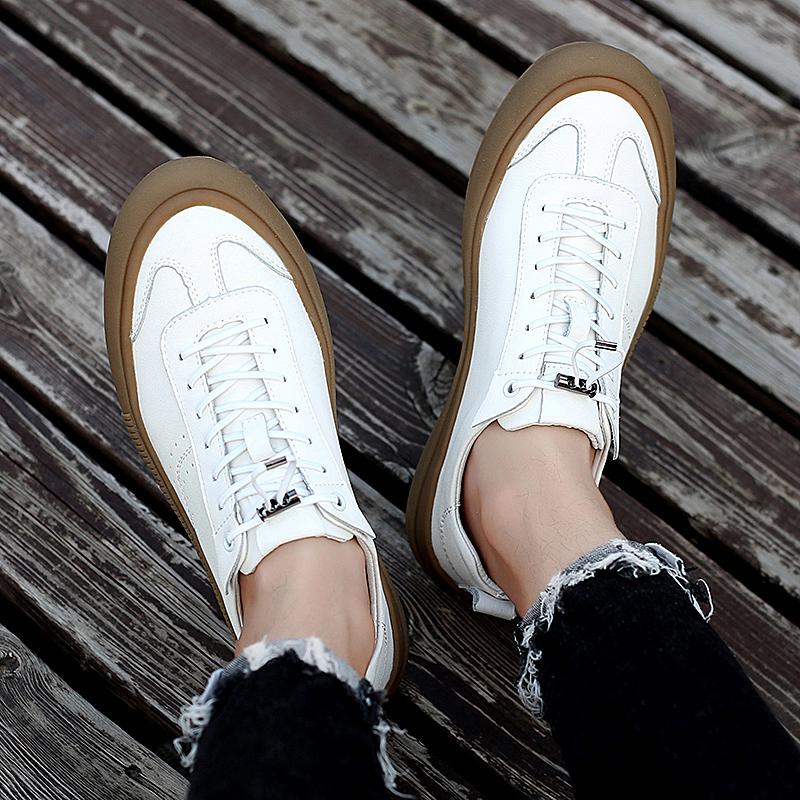 2024 New Two-layer Cowhide Board Shoes Low Top Men's Shoes Summer Casual Black White Leather Flat Shoes Lace-up  Male Sneakers