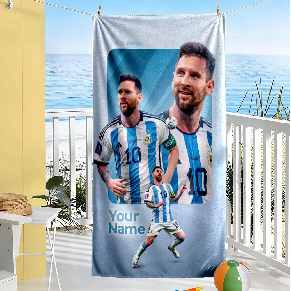 Football Messi Personalized Name Beach Towel Super Soft & Absorbent Perfect for Traveling Yoga Camping and Swimming