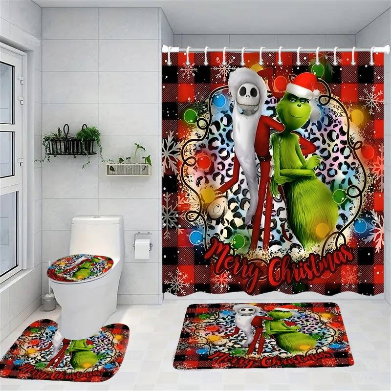 Frohe Weihnachten Cartoon Duschvorhang Hexe Badezimmer-Sets Wasserdicht Rutschfest Badezimmerteppich WC-Abdeckung Mit 12 Haken Heimdeko