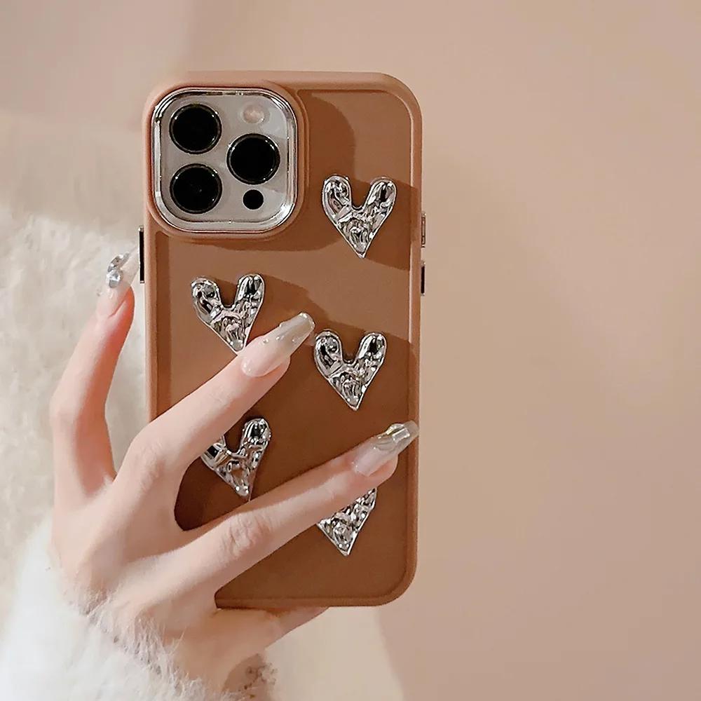 Luxury Plating Wrinkle Love Heart Phone Case For iPhone 16 15 14 13 12 11 Pro Max X XS XR 8 7 Plus SE 2026 Bumper Silicone Cover