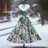 Women's Casual Dress Long-Sleeve V-Neck Patchwork Fleece Christmas Print Dress