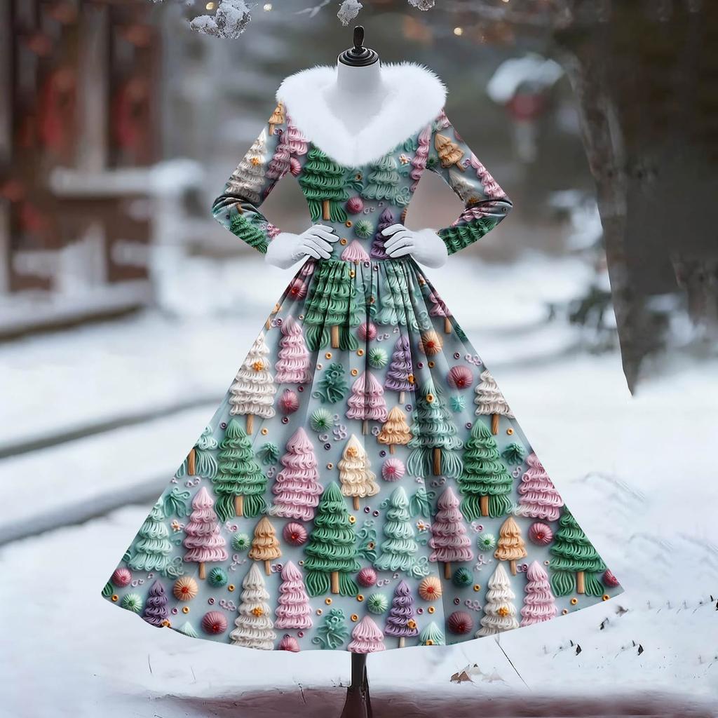 Women's Casual Dress Long-Sleeve V-Neck Patchwork Fleece Christmas Print Dress