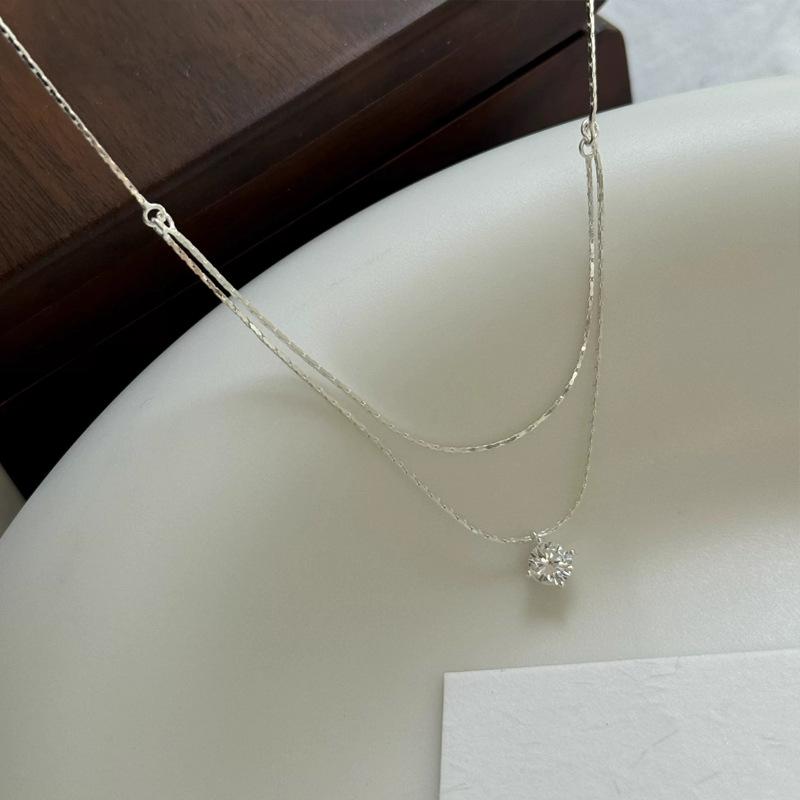 Double Layered Round Zircon Pendant Necklace For Women Simple Clavicle Chain Temperament Jewelry Gift Wholesale