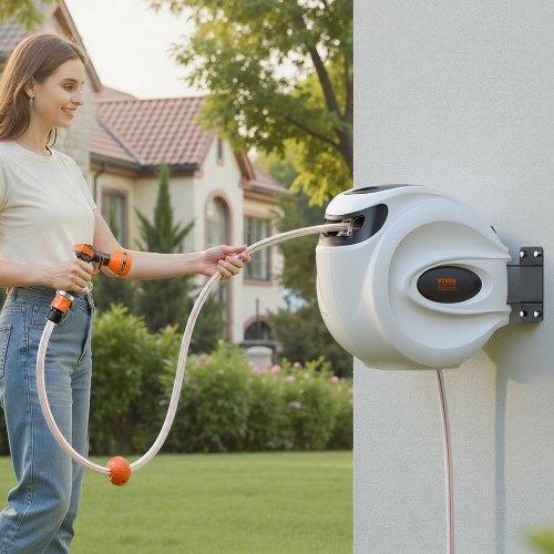 VEVOR Retractable Garden Hose Reel, 1/2" x 131.23 ft Wall Mounted Hose Reel, Heavy Duty Garden Hose Reel with 9 Patterns Nozzle, Any Length Lock