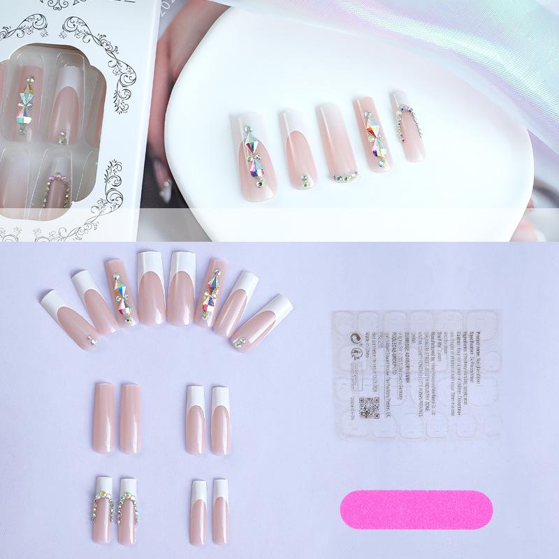 

Роскошные Цветные Бриллиантовые Длинные Накладные Ногти с Французским Кончиком