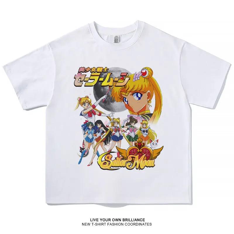 Stylish White Cotton T-Shirt Featuring Sailor Moon and Inner Senshi Retro Anime Group Graphic T-Shirt 4XL