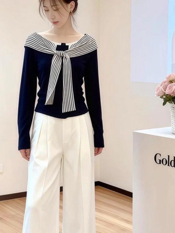 Korean Style One-Shoulder Striped Tie-Up Long Sleeve T-shirt for Women