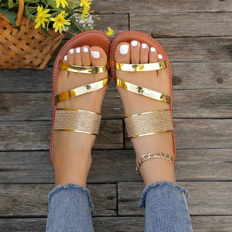 Fashion Summer 2025 Fashion Women's Shoes European and American Foreign Trade Large Size 43 Amazon EBay Shiny Flat Crystal Slippers Drop