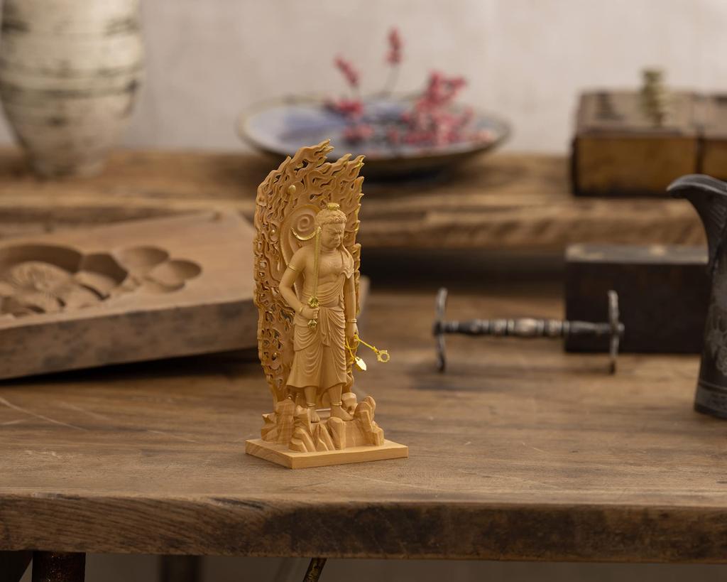 Drobná zlatá hliněná dřevěná ozdoba Buddha Fudo Myoo Fudo Myoo 11,5 cm (Dřevěný buxus, povrchová úprava)Socha Buddhy, postava, řezba, (GSB