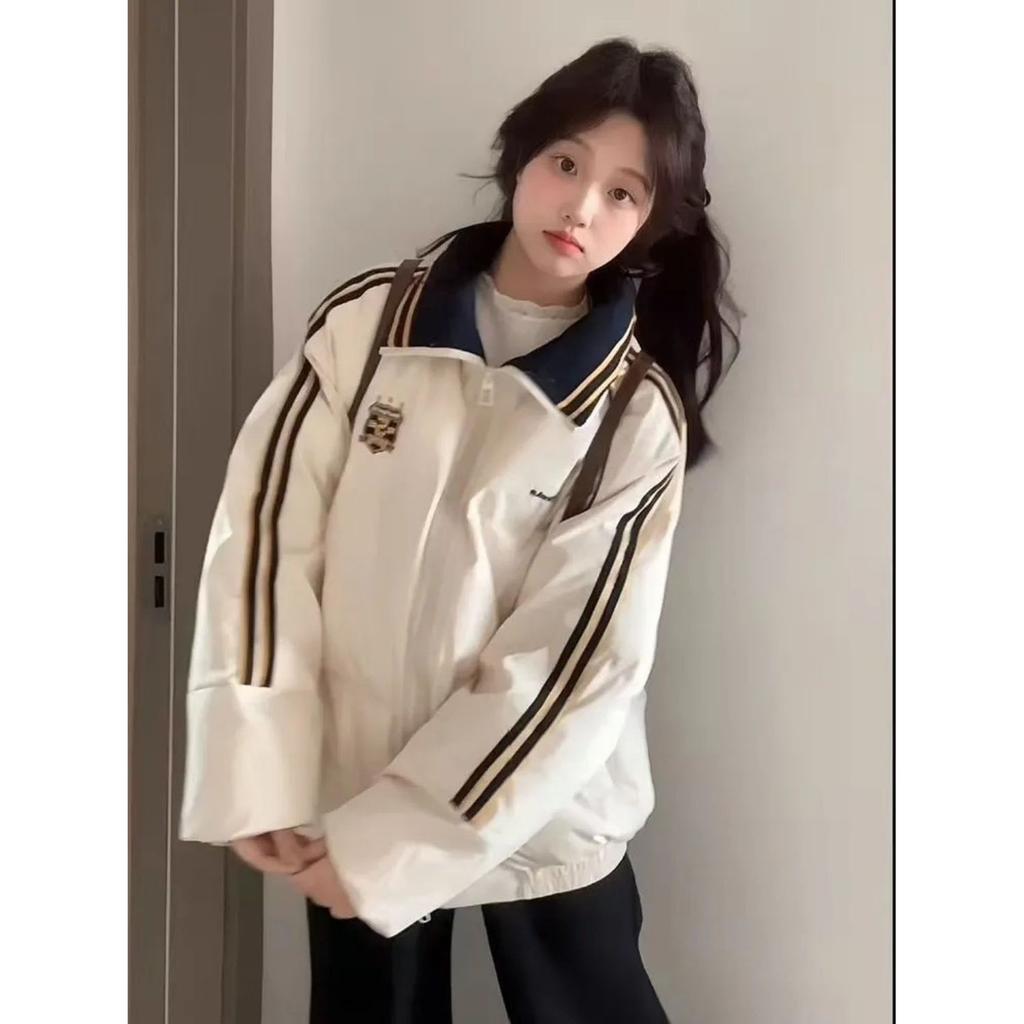 Sweet color matching striped embroidered three-bar cotton suit women's winter letter embroidered warm student jacket