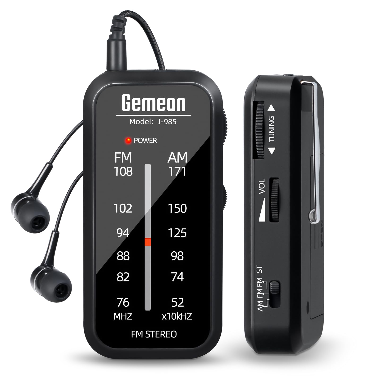 

Gemean J-985 Radio, Compact, High-Sensitivity Reception, Mini AMFM, 3.5mm Earphone, Easy to Use, Portable, AAA Battery Drive (Black)