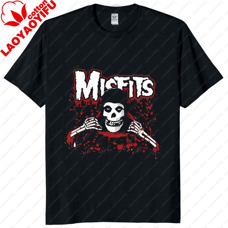 Unisex Vintage Punk Tee Misfits Style Distressed Skull Graphic Classic Streetwear Top Daily Wear