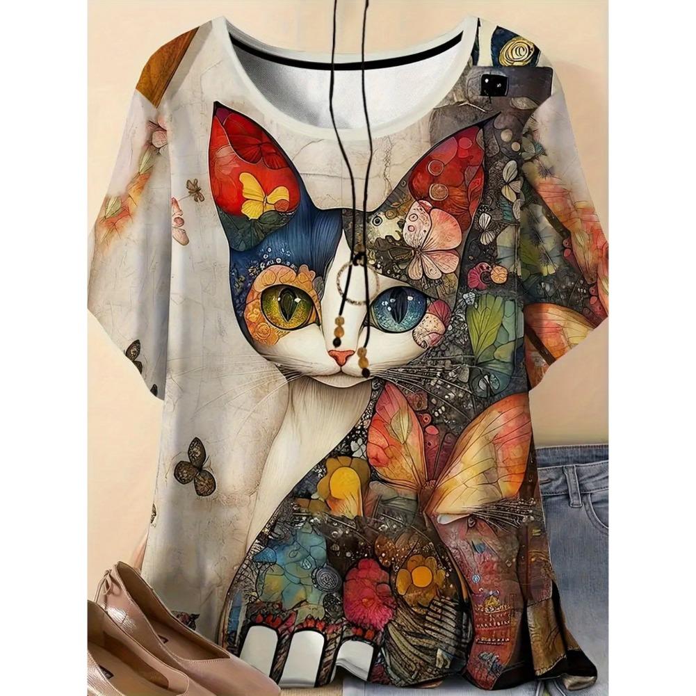 Plus Size Casual Crew Neck Short Sleeve Cat Animal Print T-Shirt - Soft Stretch Polyester Fabric Spring and Summer Womens Relaxed Fit Clothing