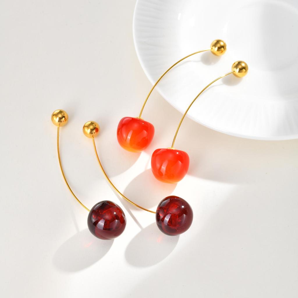 Orecchini Pendenti Unici in Ciliegio Rosso Massiccio da Donna, Orecchini con Pendente Frutta in Acciaio Inossidabile Placcato Oro, Gioielli Trendy da Festa