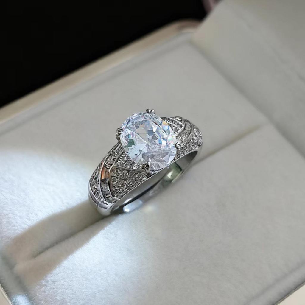 Full Diamond Flash Jewelry Simulation Pink Zircon Ring Women'S Light Luxury High-End Pigeon Egg Zircon Ring