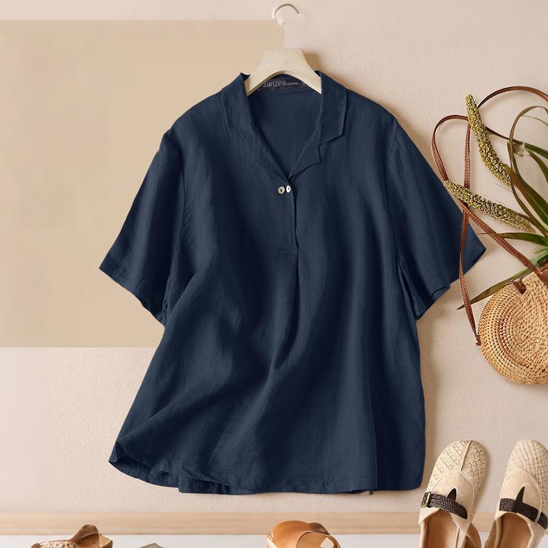 ZANZEA Damen Lässig Umlegekragen Locker Kurzarm Baumwollbluse