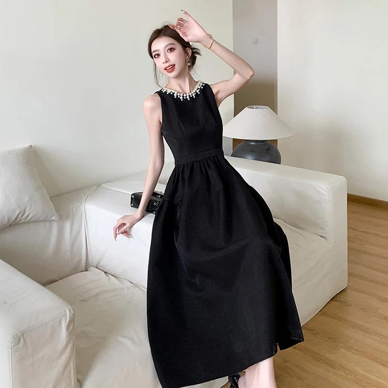 Vintage O-Ausschnitt Ärmelloses Abschlussball-Party-Ballkleid Elegantes Damen Perlen Sommer Tank Kleid für Damen