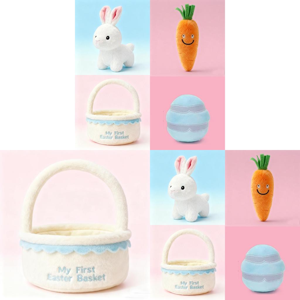 Easter Plush Bunny Toy With Carrot Basket Set For Holiday Decor And Gift Giving