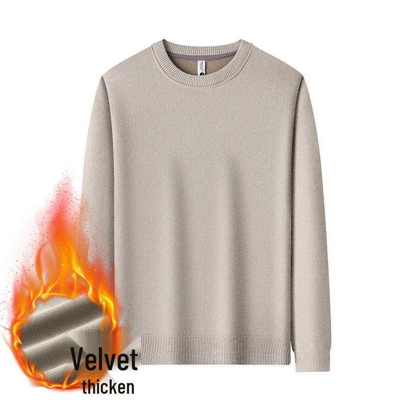 Men's Winter Warm Velvet Knit Pullover Sweater - Solid Color, Round Neck, Versatile Layer