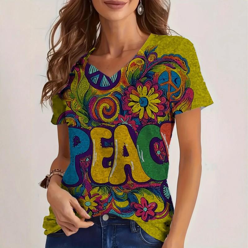 Womens V-Neck Loose Fit Short Sleeve T-Shirt With Floral Print Casual Top