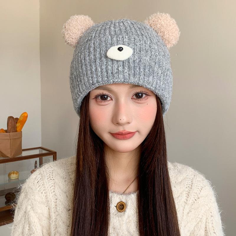 Japanese Cute Bear Hat Women's Autumn and Winter Knitted Hat Large Head Circumference Plus Velvet Cold Proof Woolen Hat Warm Ear Protection Hat