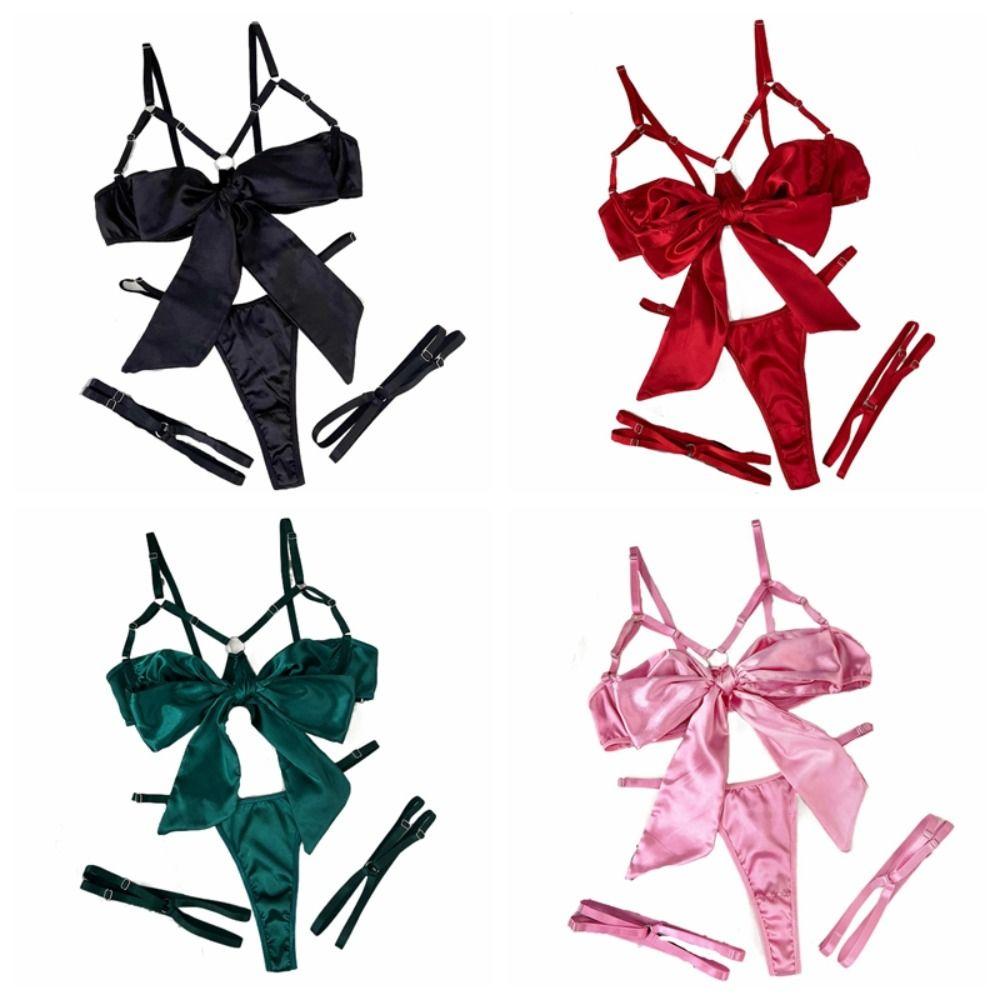 Hollow Out Underwear Three Piece Set Bow Women Lingerie Set Comfortable Satin Silk Bra Suit  Home
