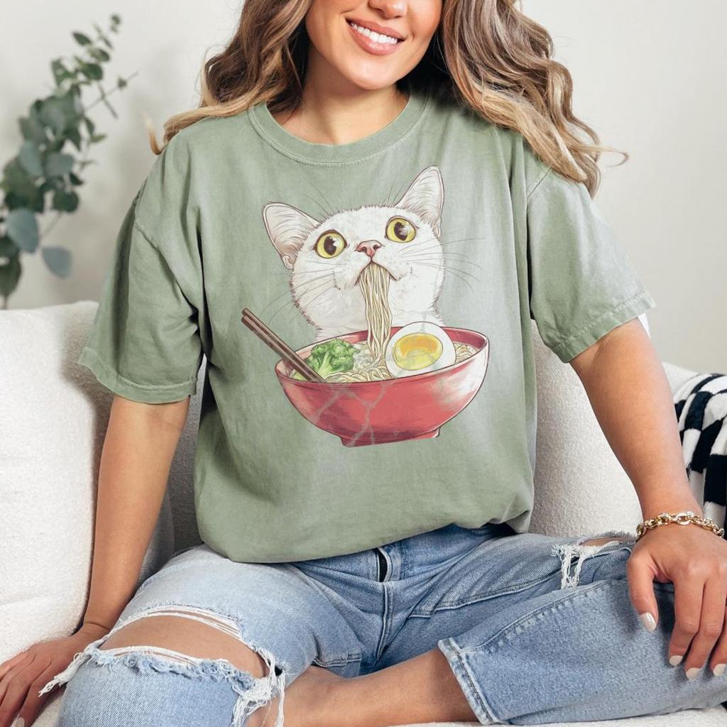 Cat Ramen T-shirt: Comfort Colors White Cat Lover Shirt