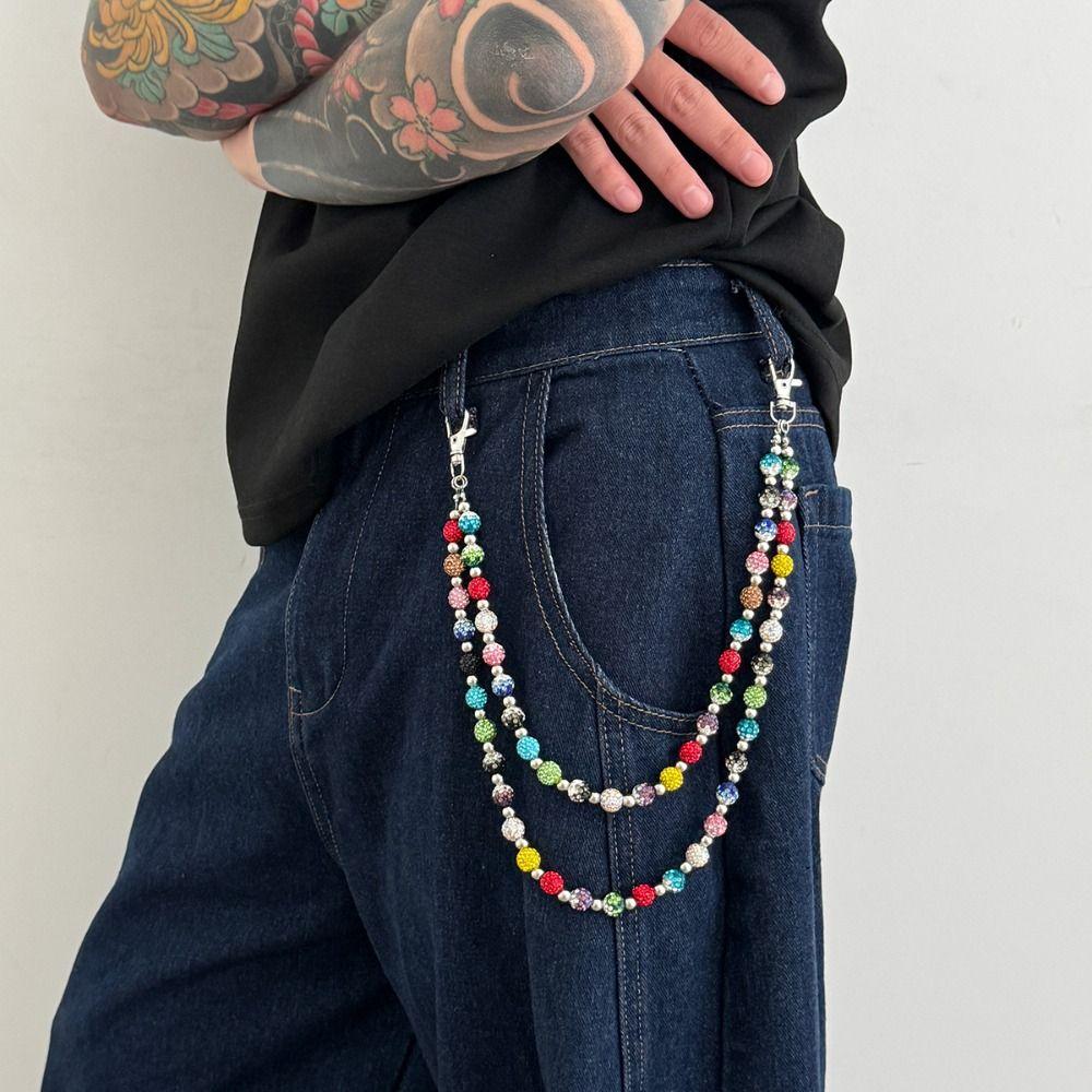 Jeans Chain Punk Belt Chain Zinc Zinc Zinc Alloy Pants Chain Colorful Rhinestone Bead Waist Chain  Female