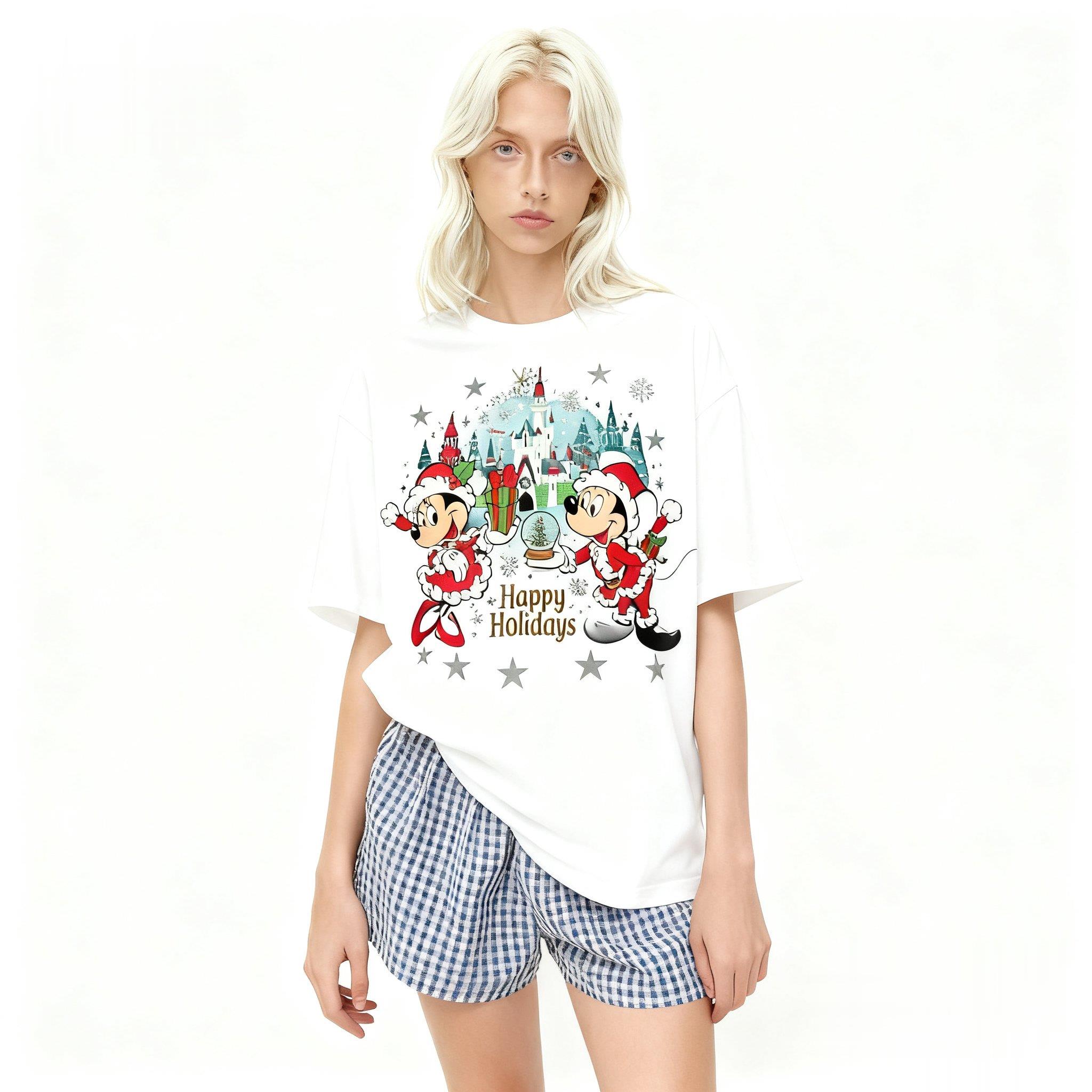 MINISO Disney Mickey Minnie Tshirt Women Men Oversized Short Sleeve Tee Graphic Print Happy Christmas Cartoon Streetwear S