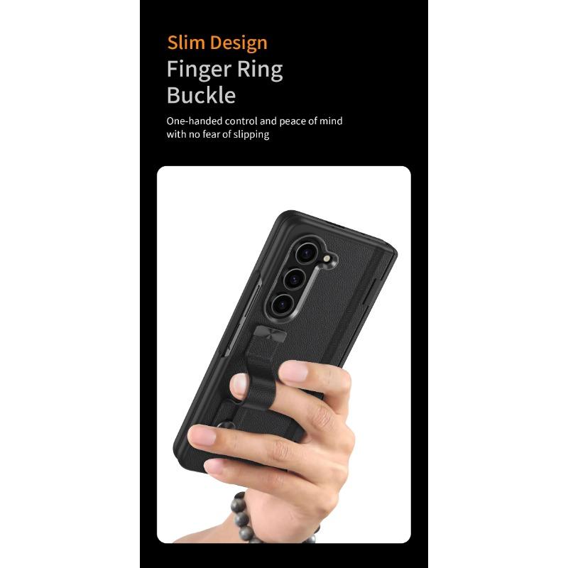 Wriststrap for Samsung Galaxy Z Fold 6 5 4 3 Case Ring Bracket PU Leather Hinge Protective Film Cover Slim Design Finger Ring Buckle