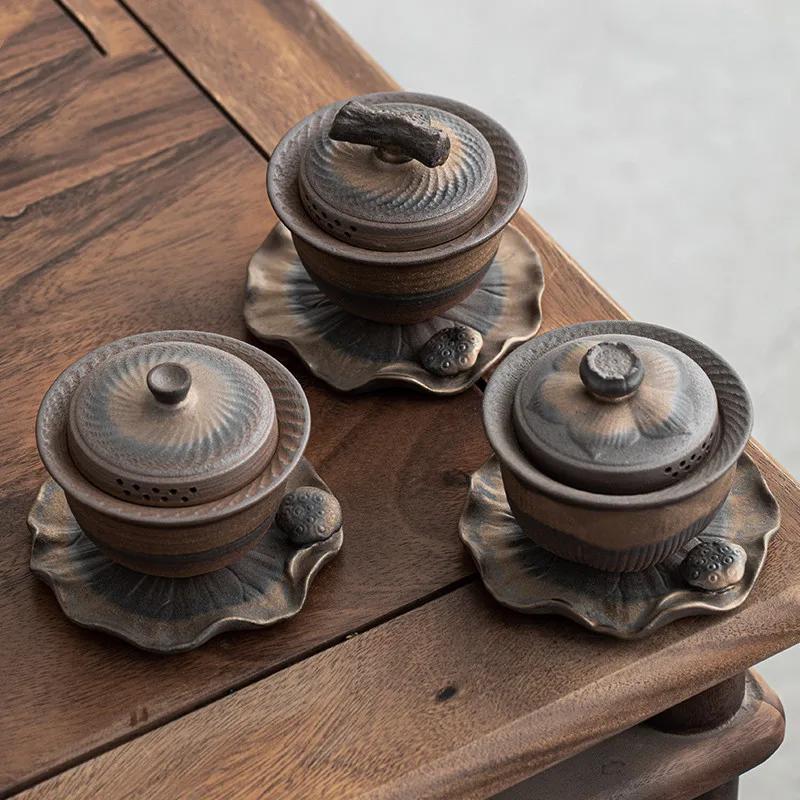 Chinese Rough Pottery Gaiwan Teacup Retro Handmade Ceramic Tea Tureen Household Tea Maker Travel Portable Teaware Accessories