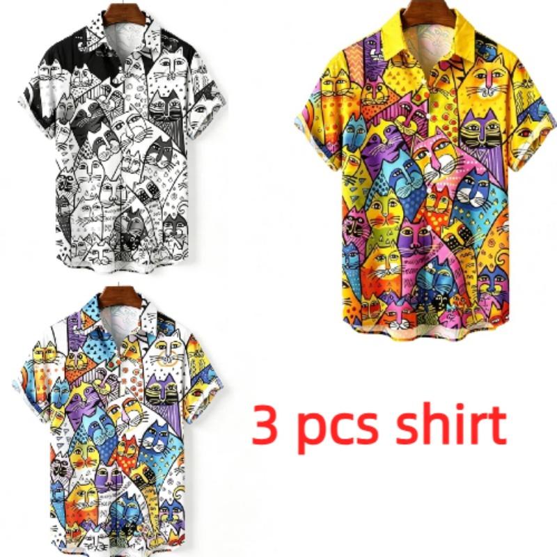 Summer Fashion Funny Colorful Cartoon Cat Printing Shirt Hawaiian Beach Vacation Clothing Men's Street Style Shirt Daily Men's and Women's Shirt