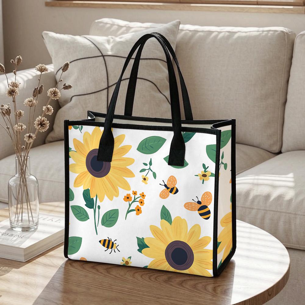 Sunflower Bee Printed Canvas Tote Bag Daily Outdoor Casual Lightweight Carryall Handbag