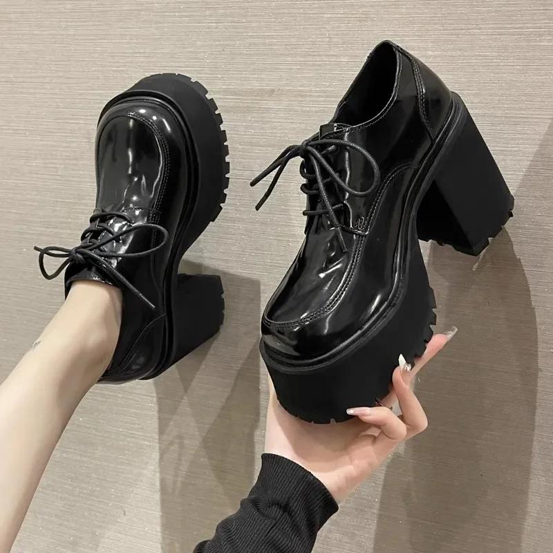 

Модные женские туфли-лоферы на платформе 10 см, черные, на очень высоком толстом каблуке, для вечеринок и клуба, британские туфли-лодочки с квадратным носком и толстой подошвой 35