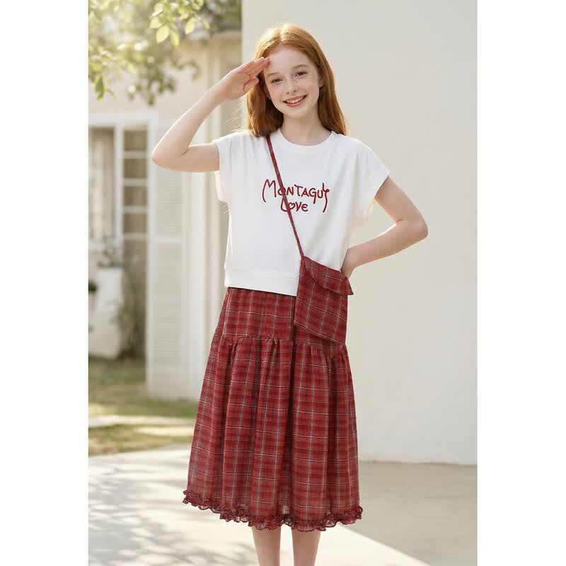 Mongtniao Girls  Summer Plaid Skirt Two-Piece Set 160
