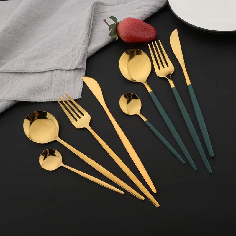 24Pcs Green Gold Dinnerware Stainless Steel Cutlery Set Knife Fork Tea Spoon Dinner Flatware Set Kitchen Silverware Tableware