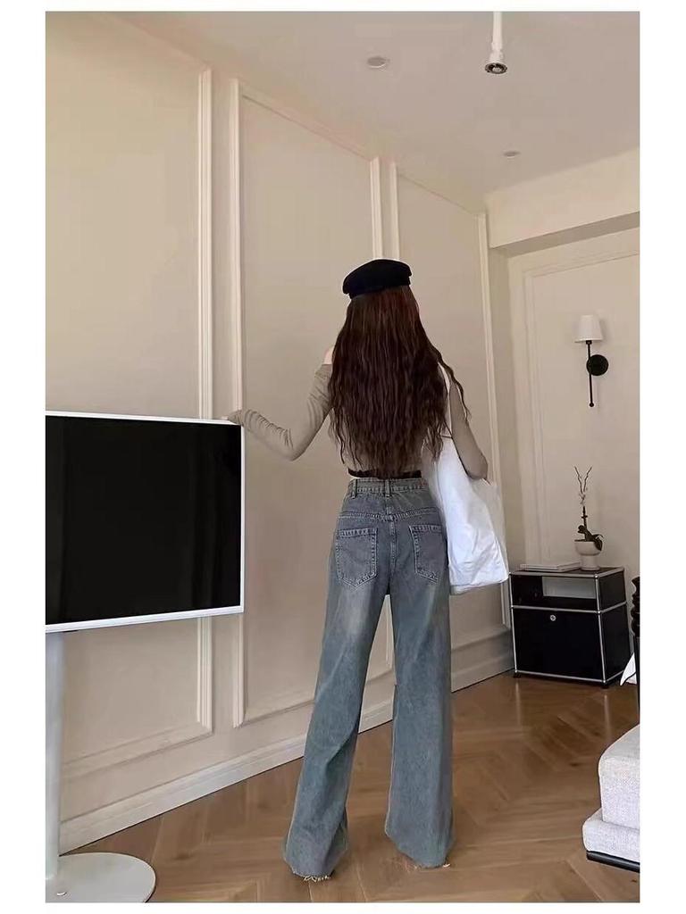 Women's Hong Kong-Style High-Waist Retro Ripped Jeans - Petite, Versatile, Slimming, Loose, Hip-Covering, Straight, Wide-Leg Pants