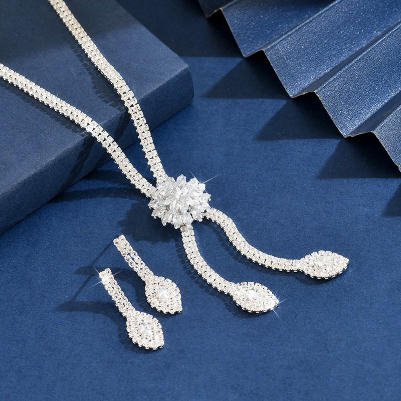 Floral Zircon Necklace Set Women Plated Bridal Jewelry With Earrings Elegant Wedding Party Accessory