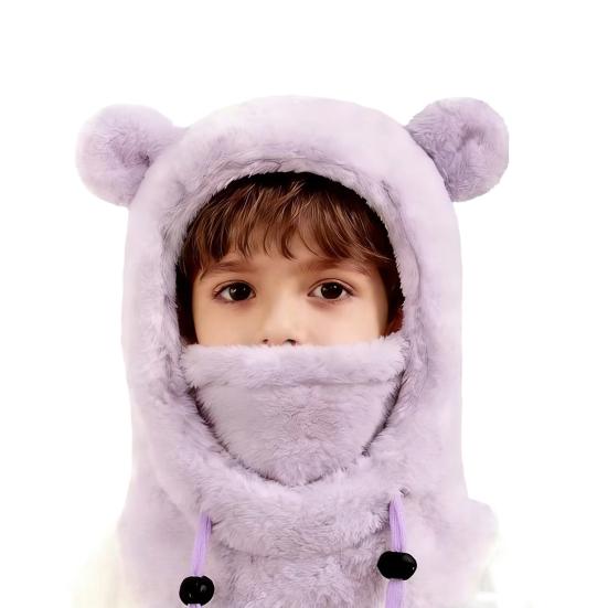 Yousheng Kinder-Skimütze, einfarbig, mit Bärenohren-Dekor, 3-in-1-Gesichtsschutz, Schal, Kopfbedeckung, winddichte Fleece-Kopfbedeckung für kaltes Wetter mit verstellbaren Kordeln