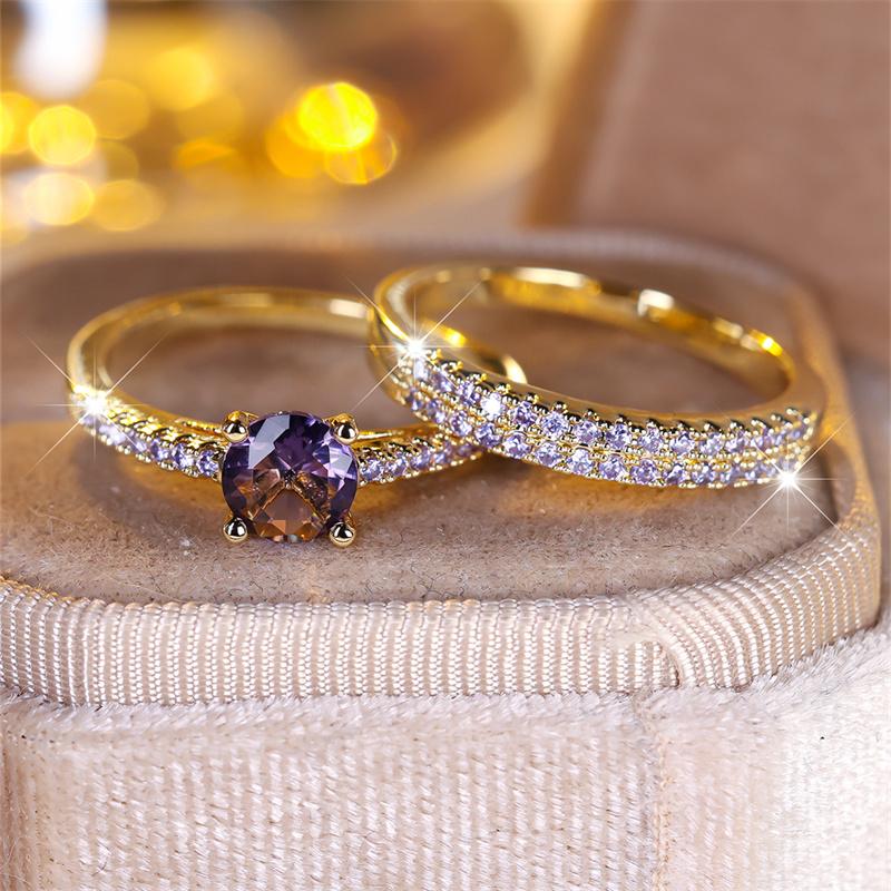 Luxury Rose Red Blue Purple Green Stone Wedding Bands Antique Gold Color Couple Engagement Ring Sets For Women Mothers Day Gifts