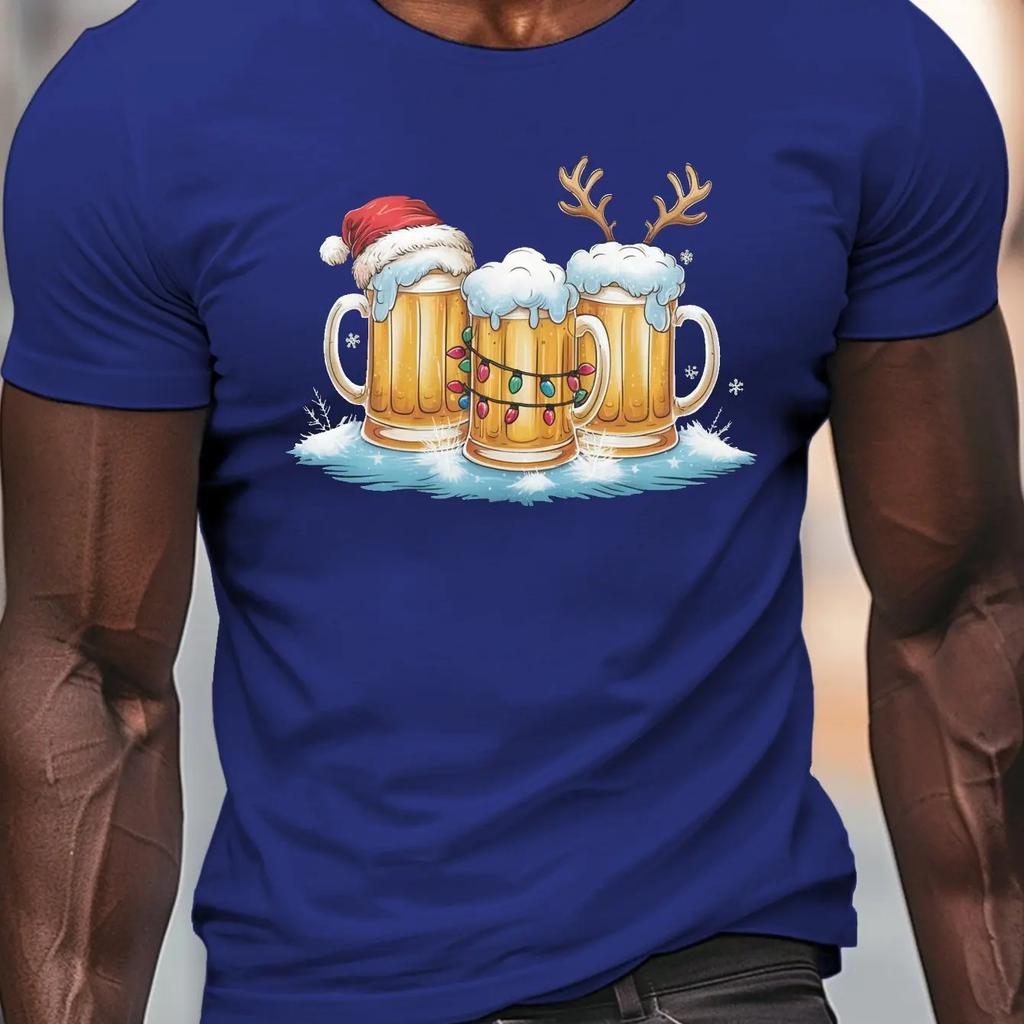 Mens Printed 100 Cotton ShortSleeved Christmas Beer Pattern Fashion HighQuality TShirt