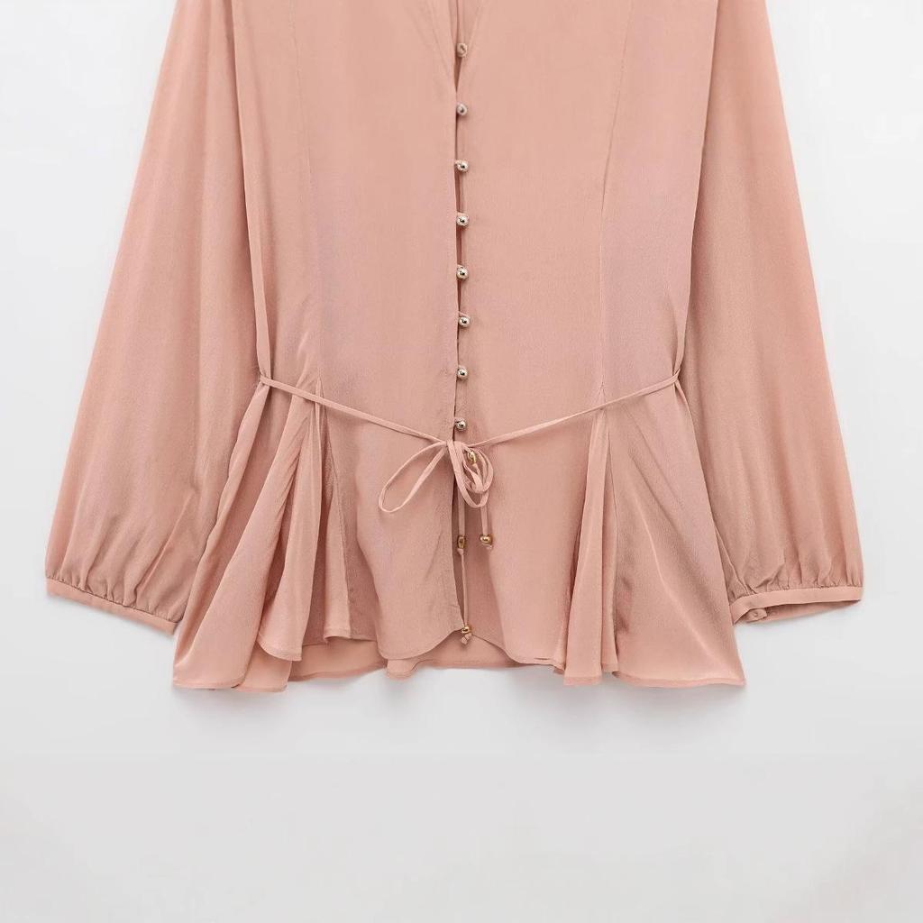 2025 Spring European & American Style Women's Long-Sleeve Belted Shirt - Versatile & Stylish