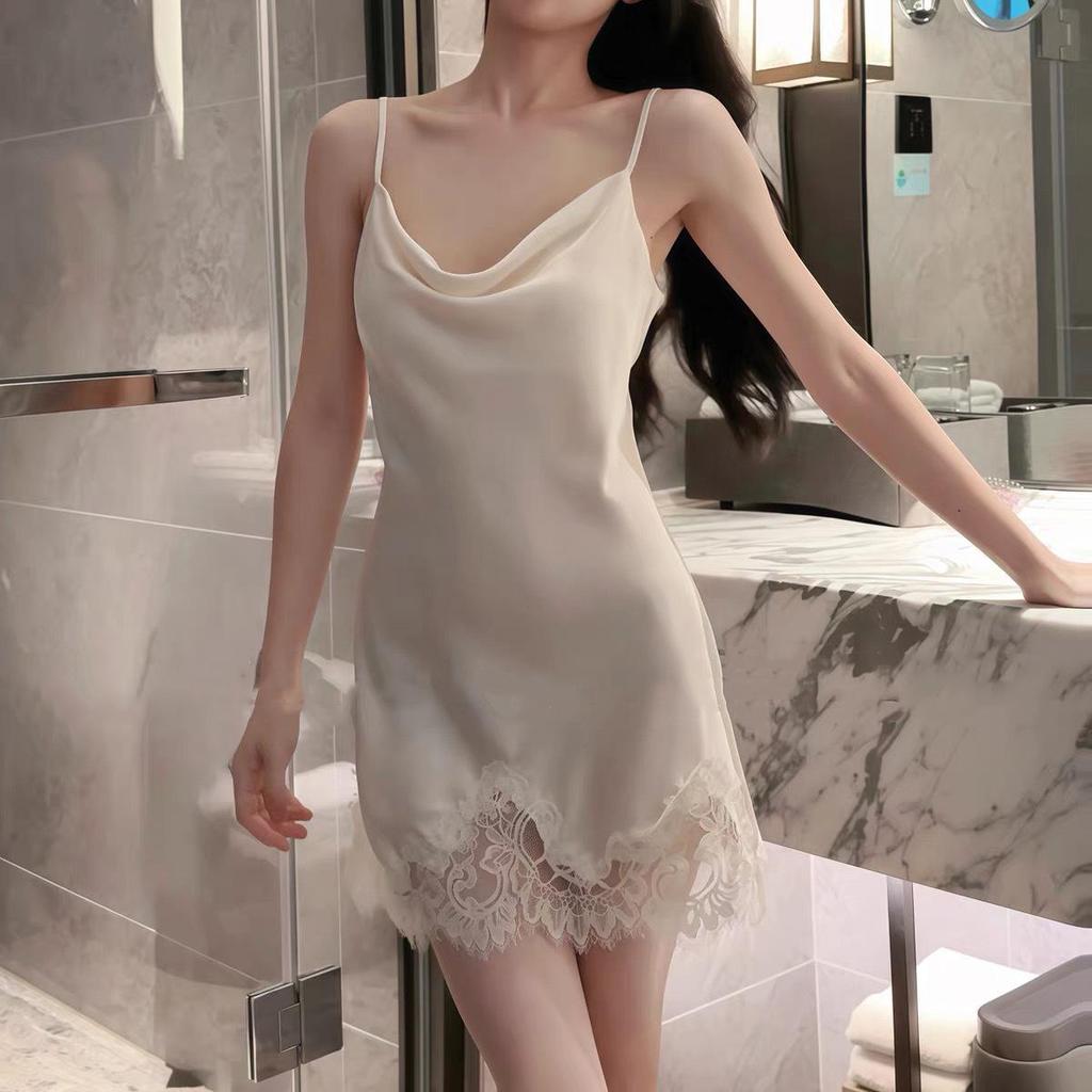 Autumn 2025 Light Luxury Lace Pajamas - Sexy Cowl Neck Camisole with Chest Pad