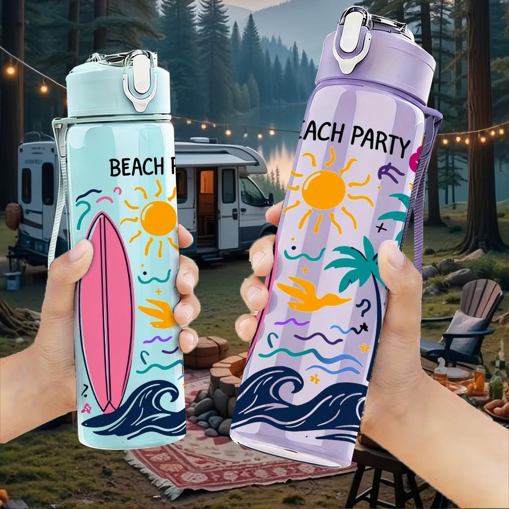 1PC Beach Surfboard Palm Tree 750ml Color Plastic Sports Water Bottle Leakproof Flip Straw Lid Suitable for Sports Office Home Use
