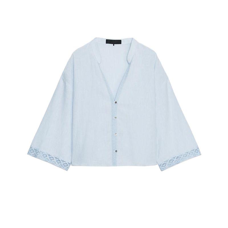 Summer New Women Clothes French Style Single Row Multi-Button Round Neck Wide Sleeve Patchwork Lace Short Shirts 8086730