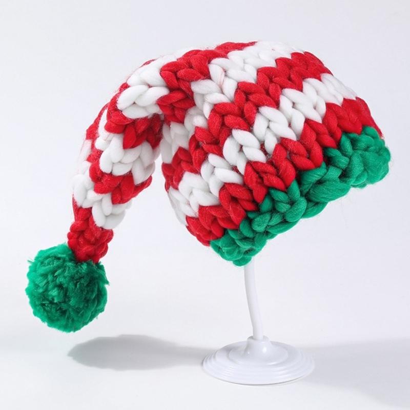 Crochet Christmas Santa Caps with Stripe Formal Event Santa Hats Festival Props Furry Warm Hat for Holiday Gathering Party