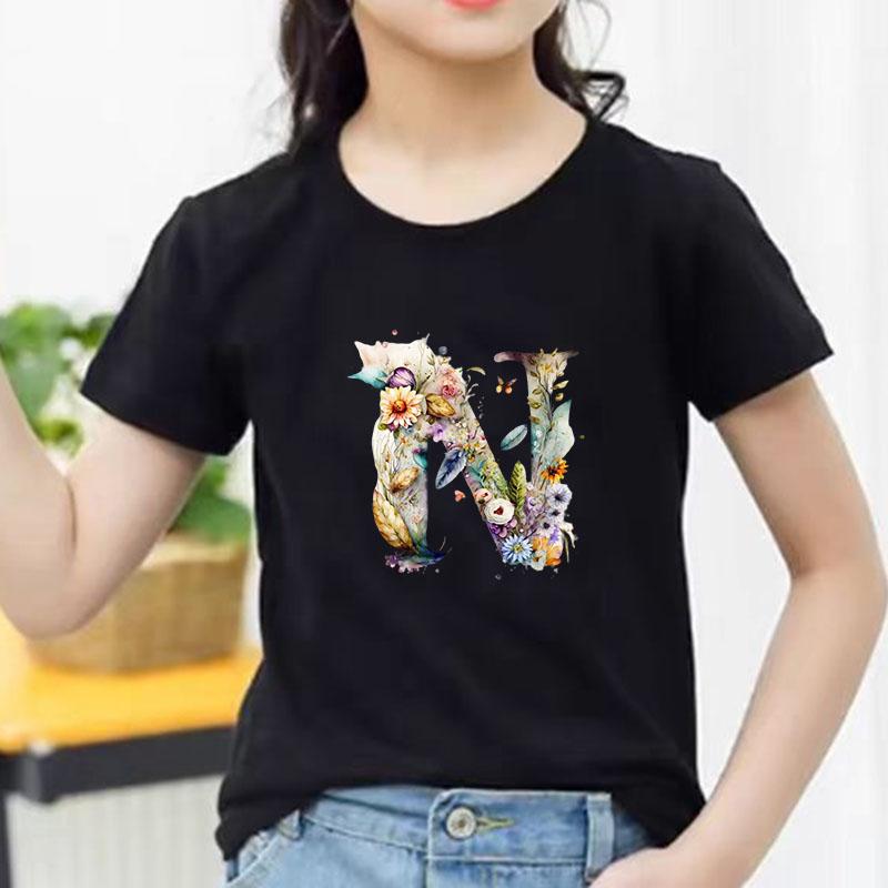 Kids Cotton T Shirt Floral Letter N Print Crew Neck Short Sleeve Tee Casual Boys Girls Summer Tops