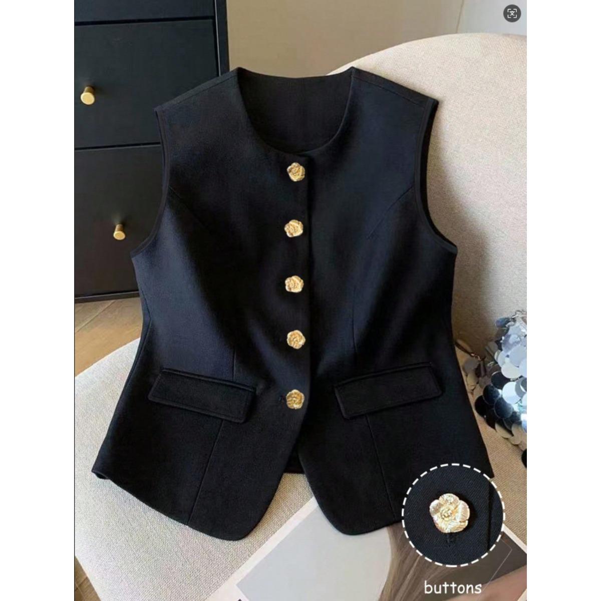Women s Round Neck Sleeveless Vest Loose Fit Elegant Office Solid Woven Blazer Waistcoat S чёрный