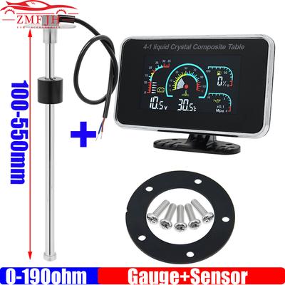 ZMFJH 4In1 LCD Gauge 0-190ohm Digital Water Temperature Fuel Level Voltmeter Oil Pressure Gauge with Alarm Oil Tank Level Sensor
